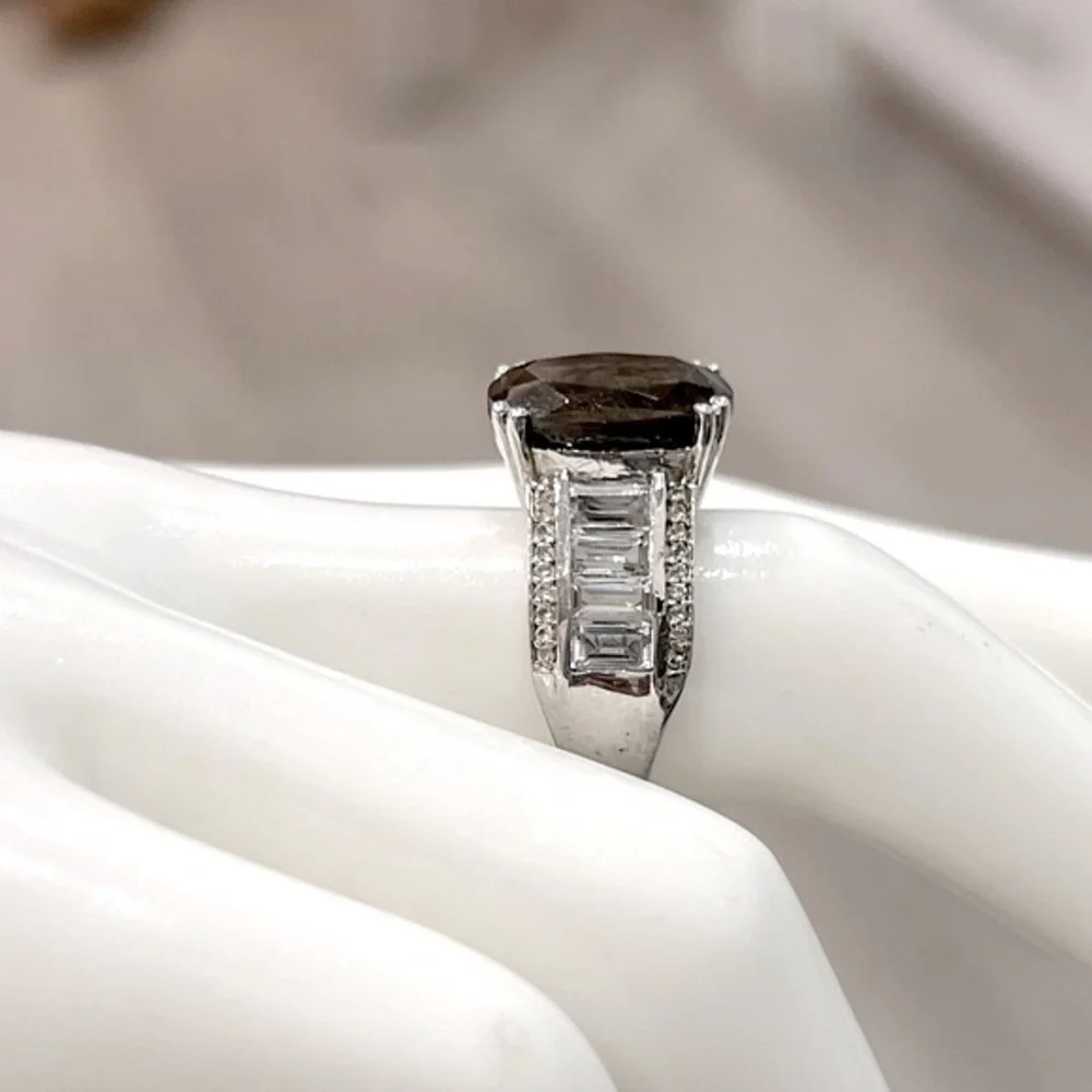 Chocolate Sapphire White Topaz Sterling Silver Ring Sz 8